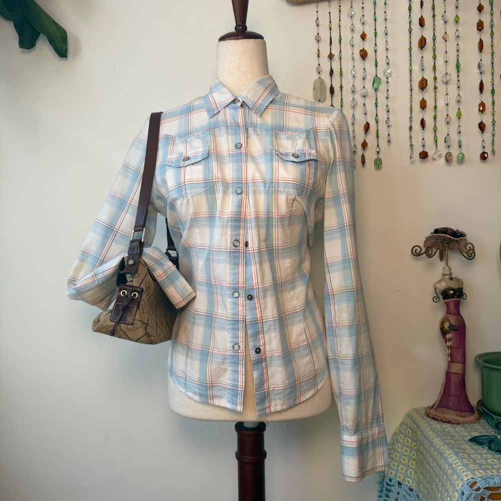 Hollister Surf Co Teal White Plaid Snap Button Up Shirt Y2K Preppy Cotton Tweemo